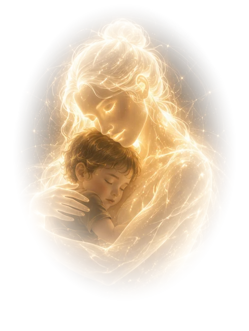 A glowing, light-made Higher Self tenderly embracing a vulnerable Inner Child